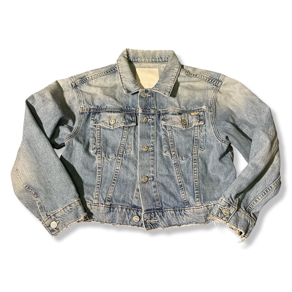 Mother Superior The Dropout Cropped Denim Jacket Blue Size L Distressed Hem